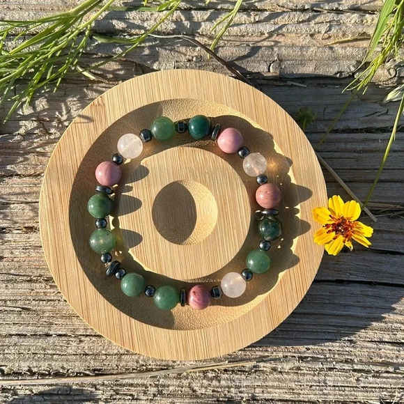 Handmade Moss Agate + Rose Quartz + Rhodonite + Hematite Bracelet - Picture 1 of 4